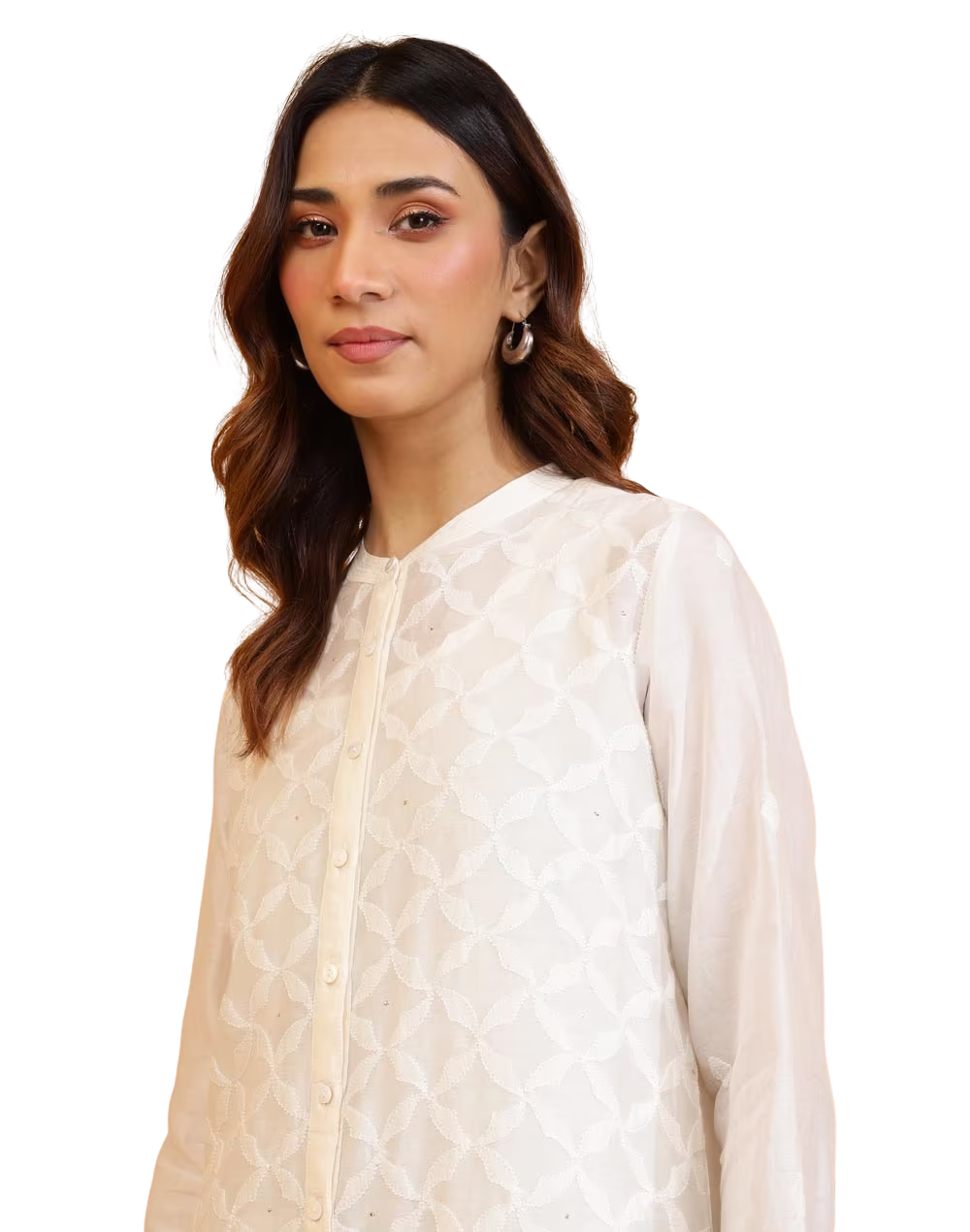 Blusa de algodón y seda con bordado chikankari. Blanca