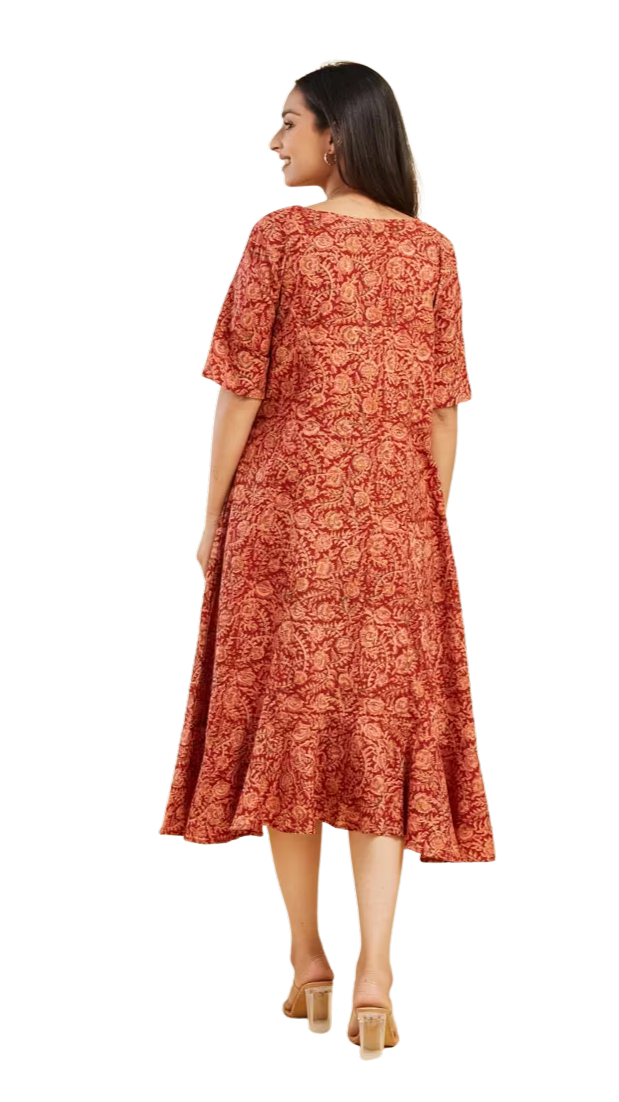 Vestido kalamkari. Rojo vivo