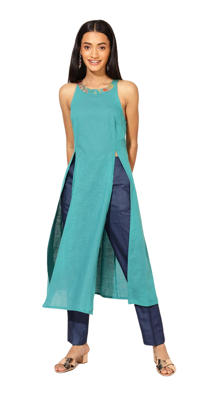 Kurta larga con aberturas al frente. Turquesa