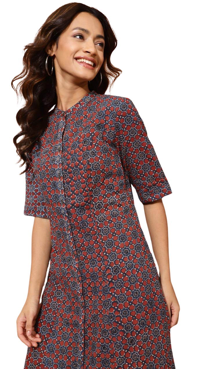 Vestido largo Ajrakh estampado a mano. Azul