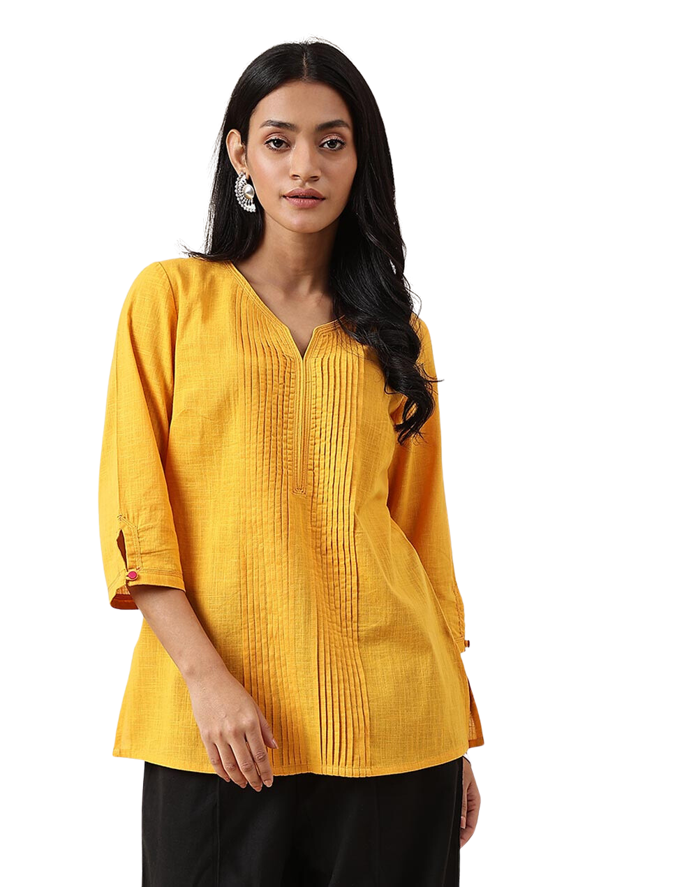 Kurta corta con pliegues. Amarilla