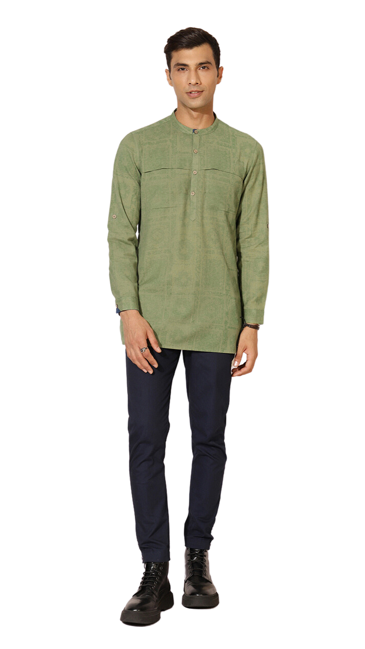 Kurta para hombre. Verde con textura. Manga larga