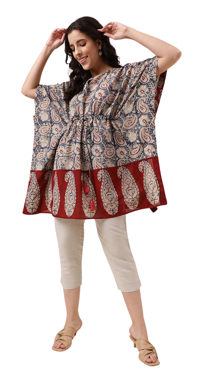 Kaftán corto kalamkari. Azul y rojo