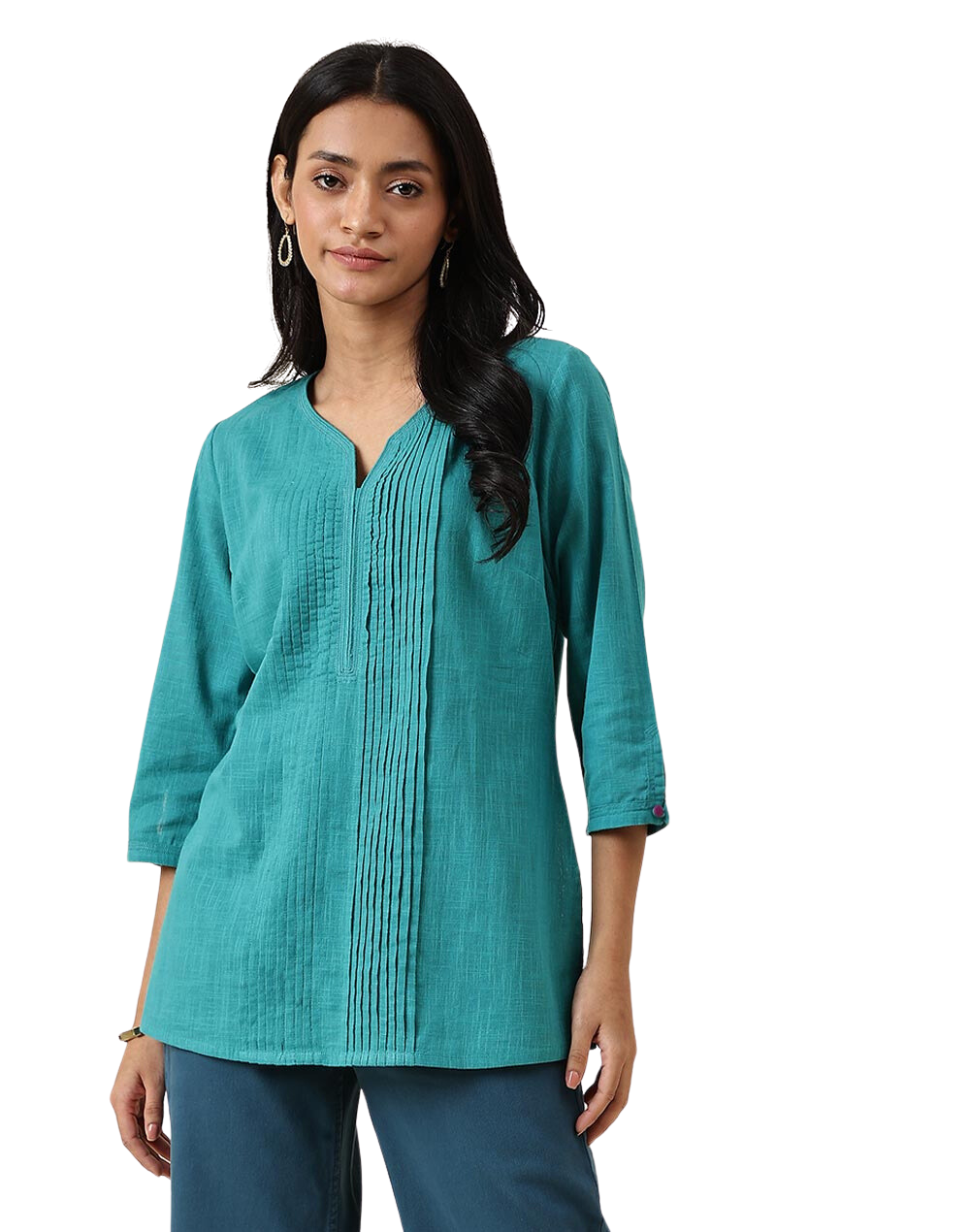 Kurta corta con pliegues. Turquesa