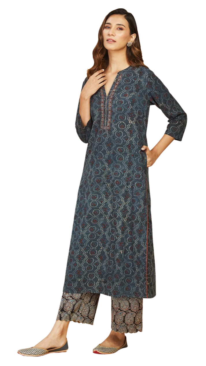 Kurta larga azul índigo natural. Dabu