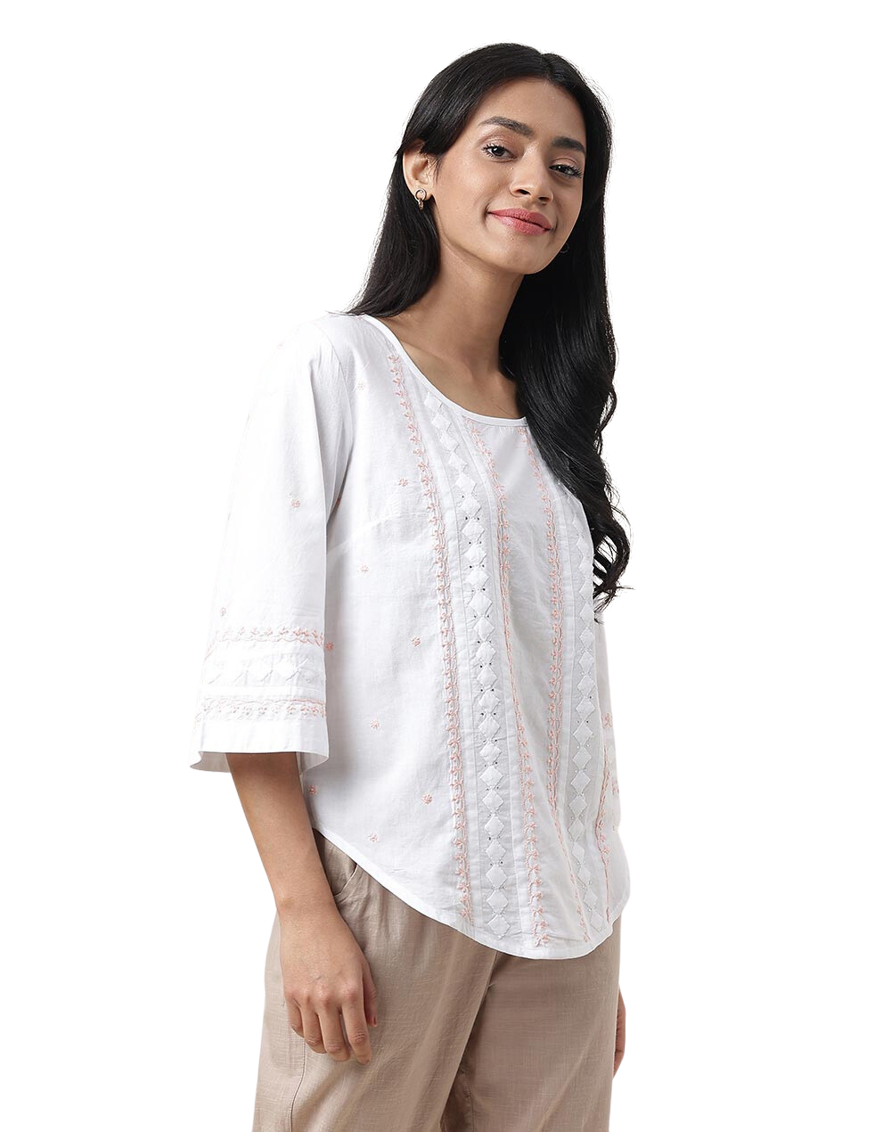 Blusa con bordado chikankari. Rosa y blanco