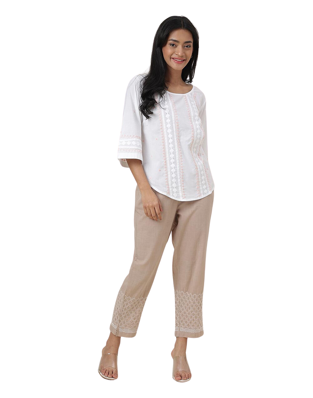 Blusa con bordado chikankari. Rosa y blanco