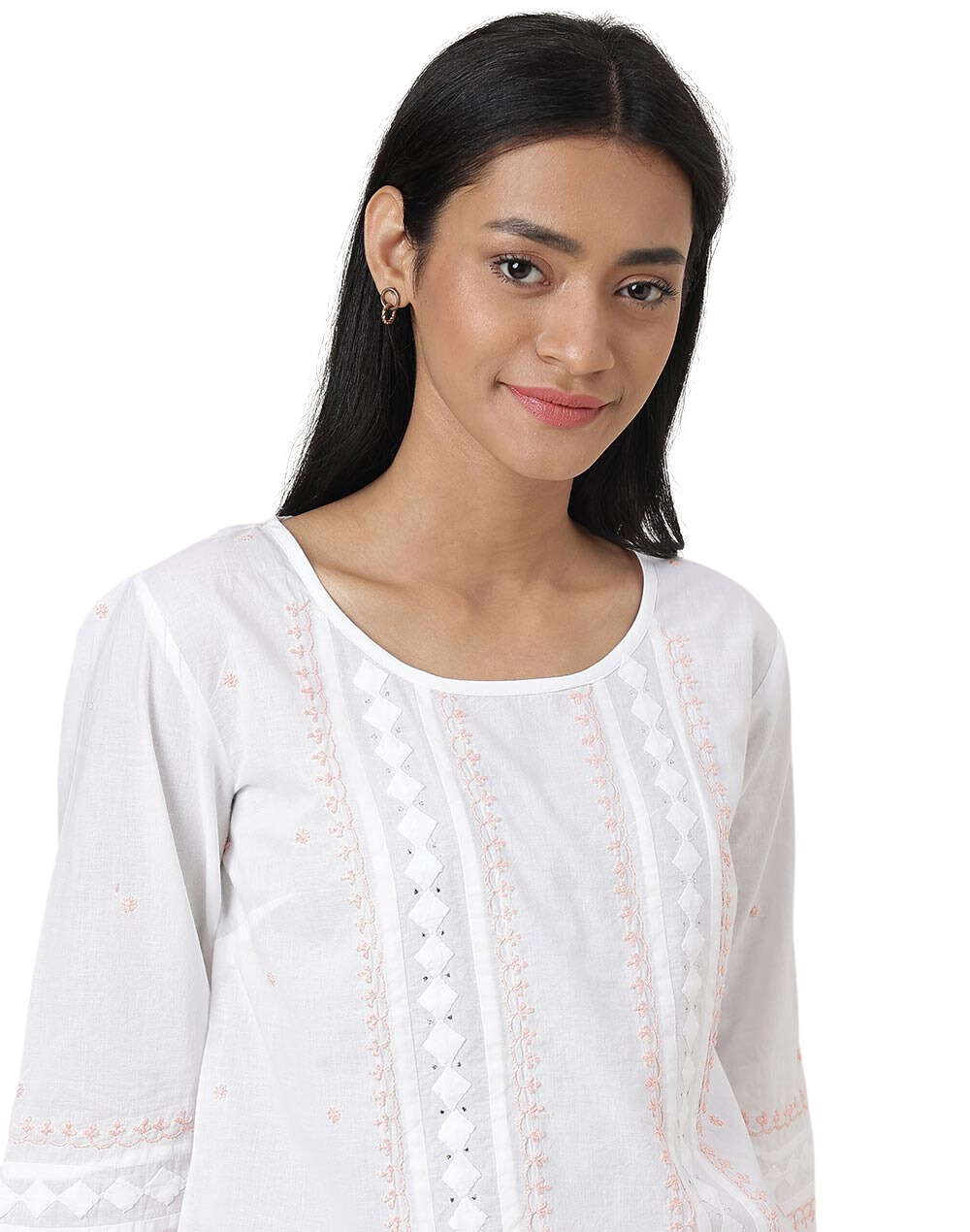 Blusa con bordado chikankari. Rosa y blanco