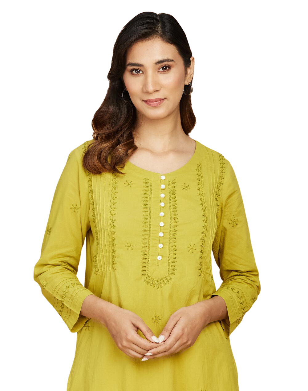 Kurta larga con bordado chikankari. Verde musgo