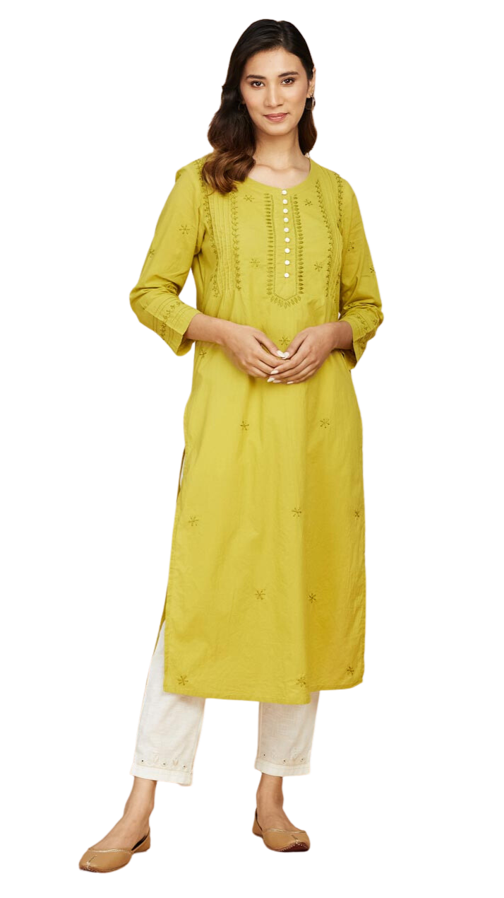 Kurta larga con bordado chikankari. Verde musgo