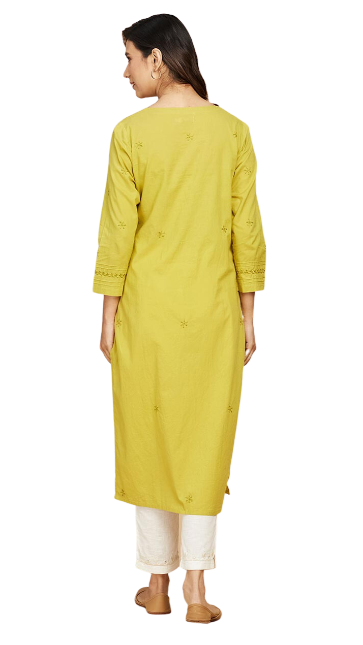 Kurta larga con bordado chikankari. Verde musgo