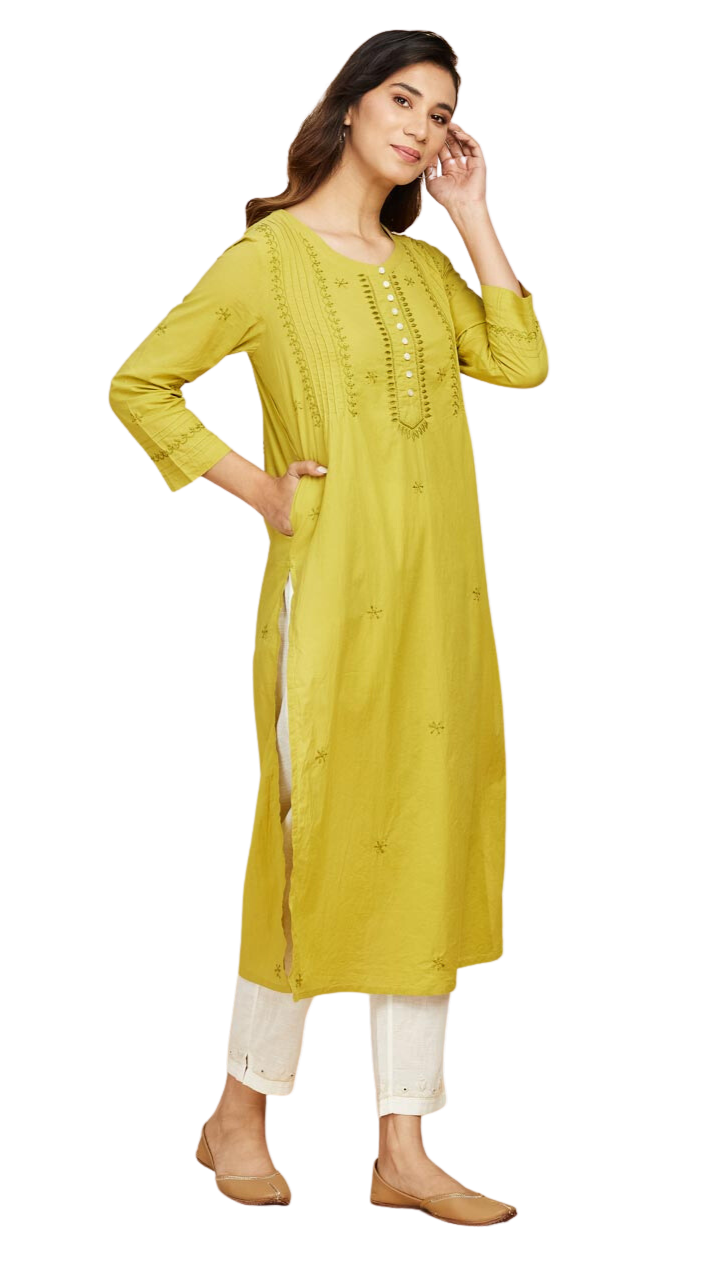 Kurta larga con bordado chikankari. Verde musgo