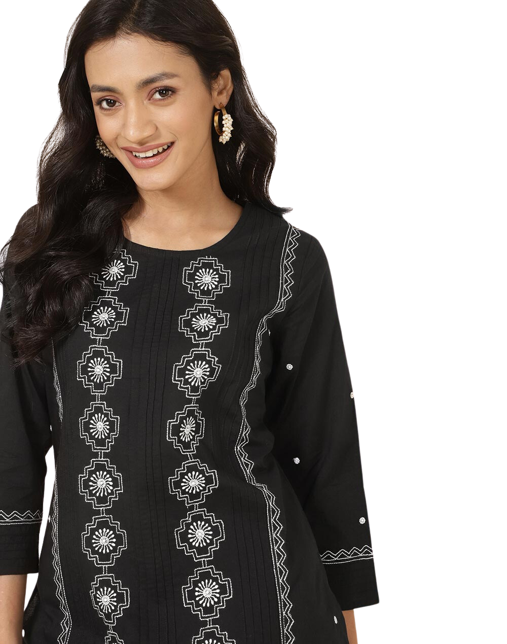 Kurta larga con bordado chikankari. Negra