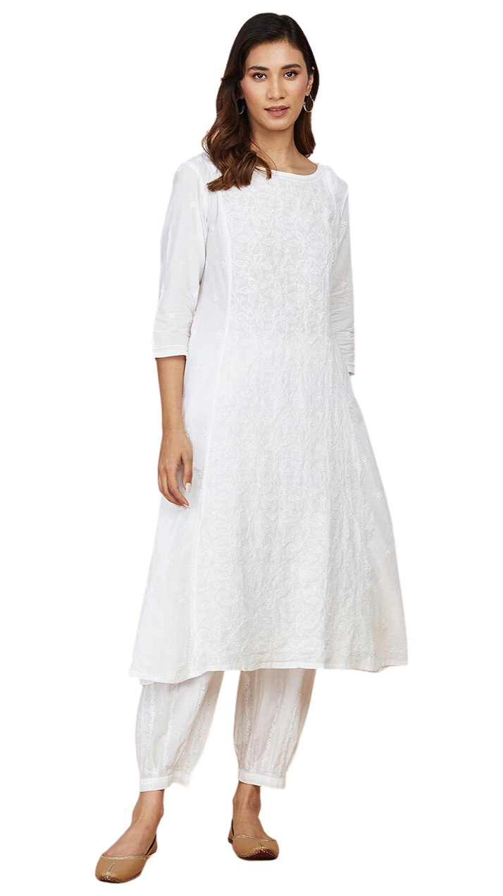 Kurta larga con bordado chikankari. Blanca