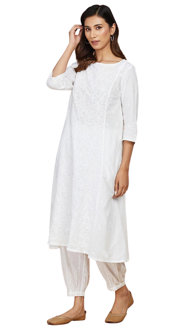 Kurta larga con bordado chikankari. Blanca