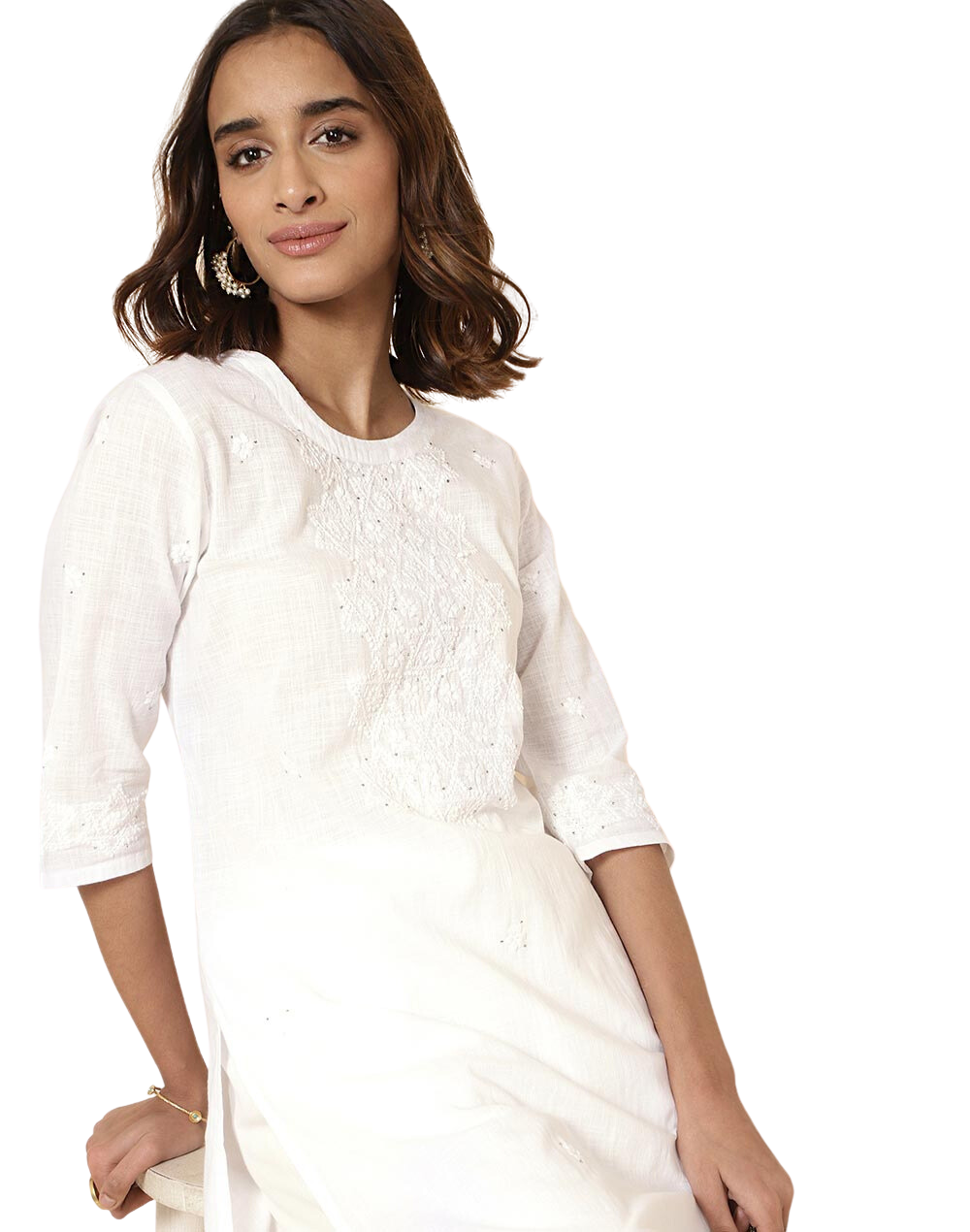 Kurta larga con bordado chikankari. Blanca (abierta)