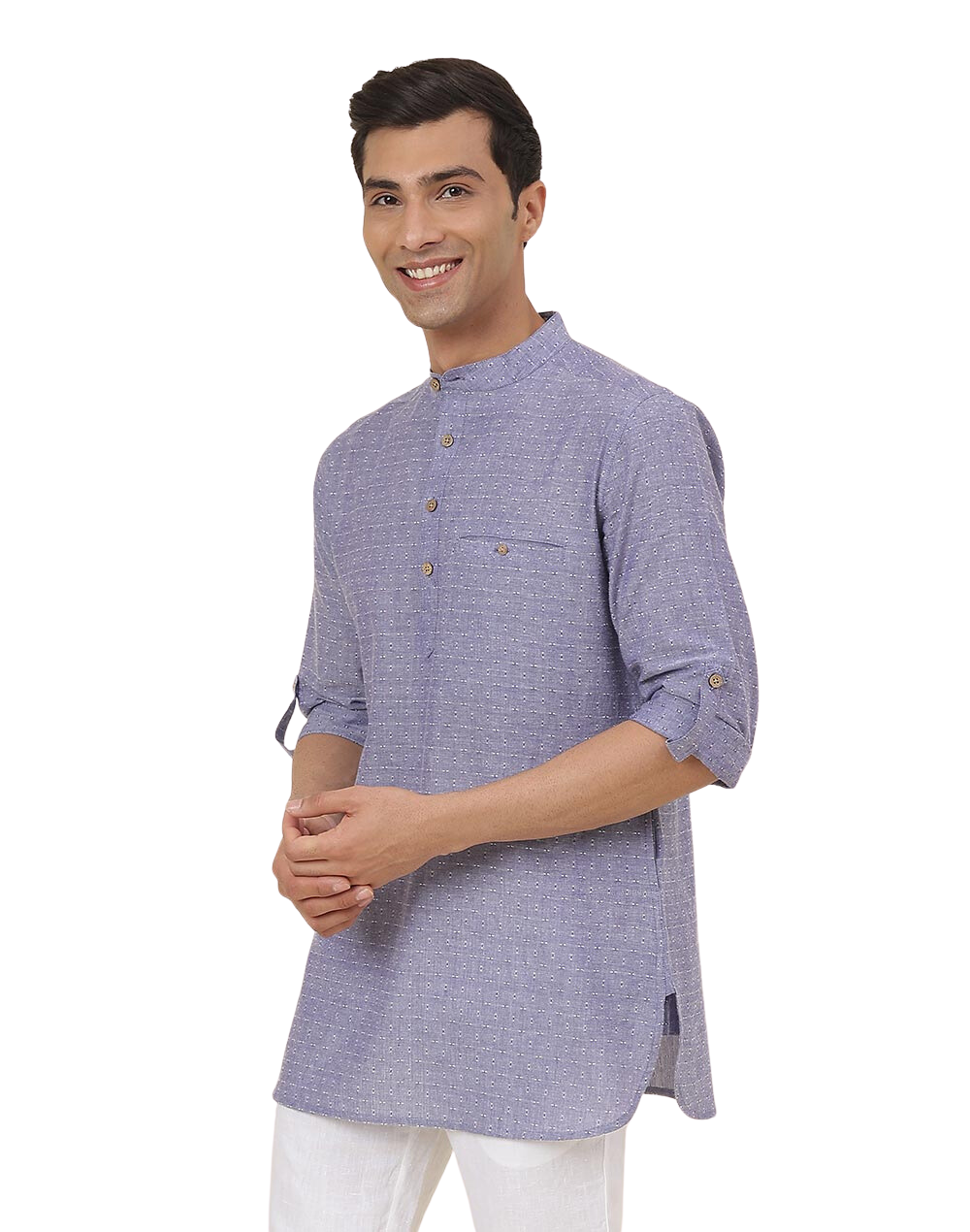 Kurta para hombre. Azul medio. Manga larga