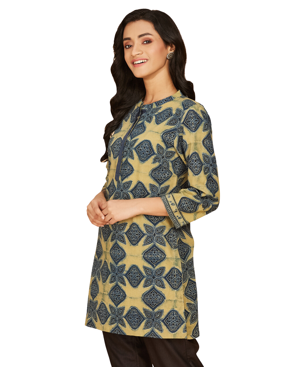 Kurta corta Ikat. Azul índigo y mostaza
