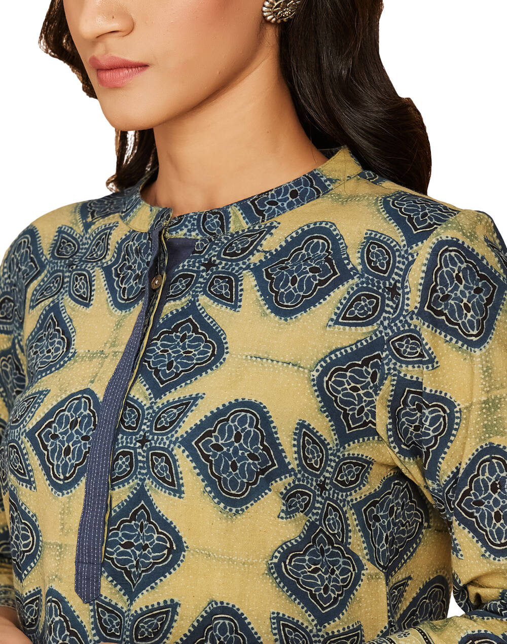Kurta corta Ikat. Azul índigo y mostaza