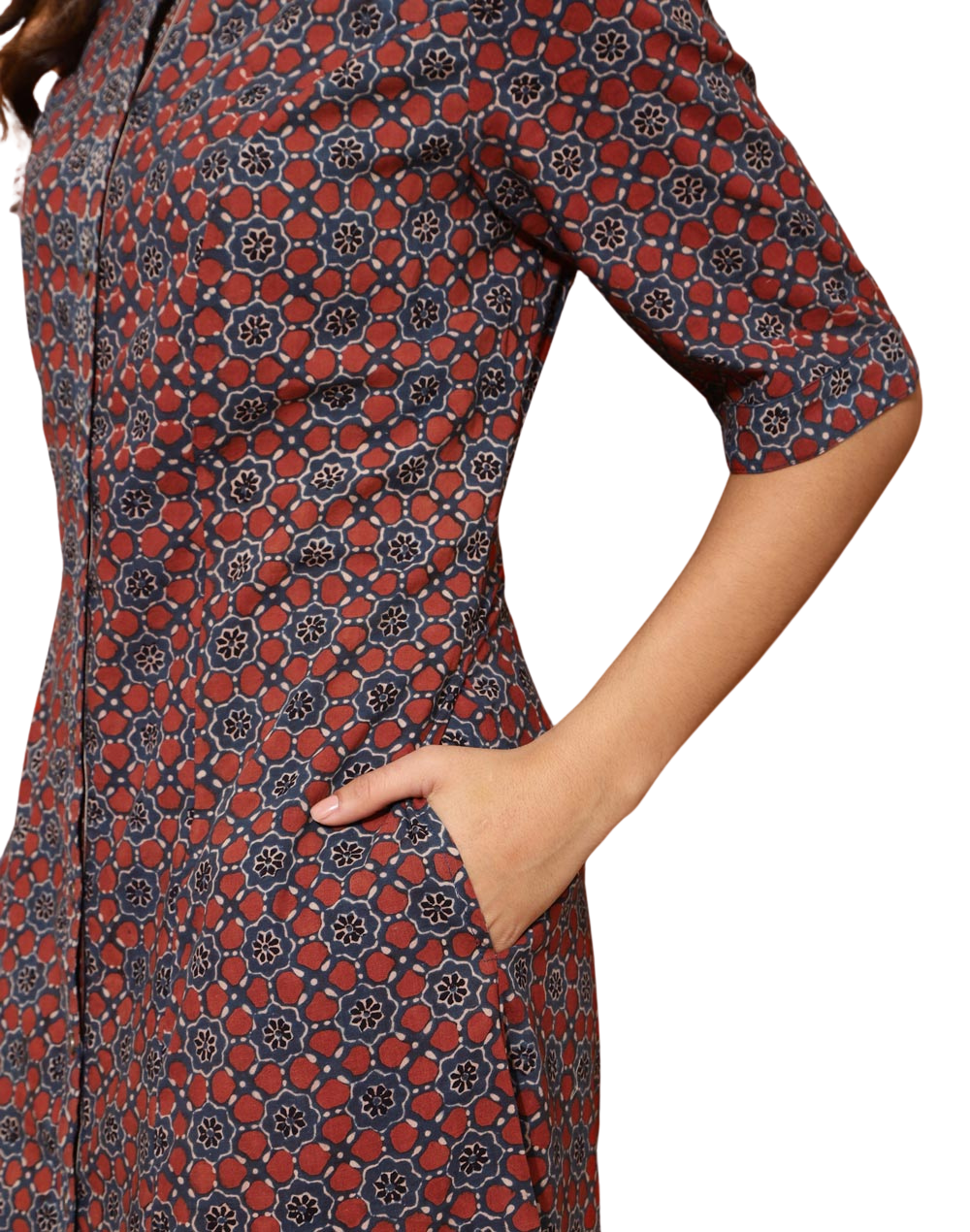 Vestido largo Ajrakh estampado a mano. Azul