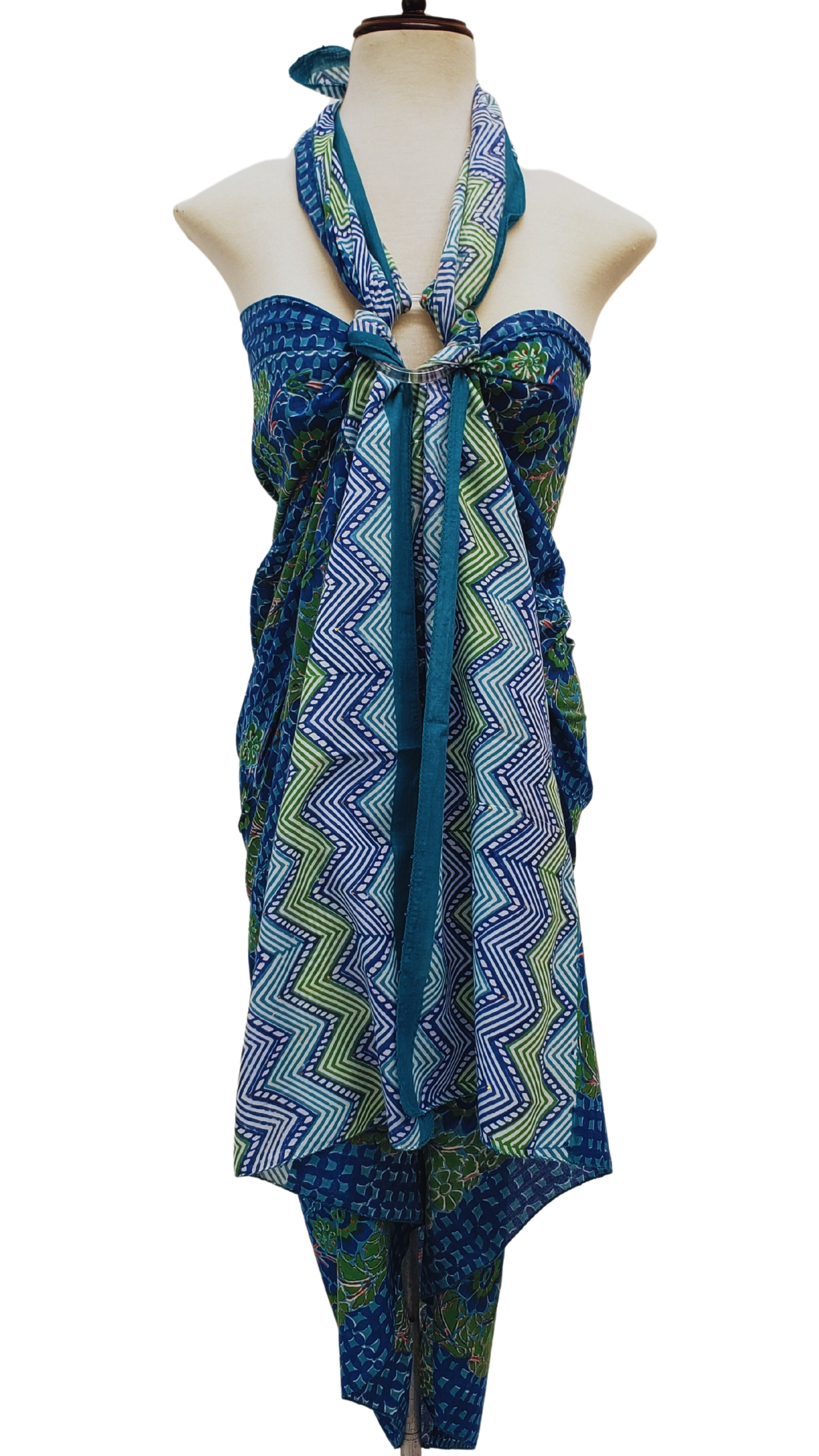 Pareo estampado a mano. Azul borde de grecas