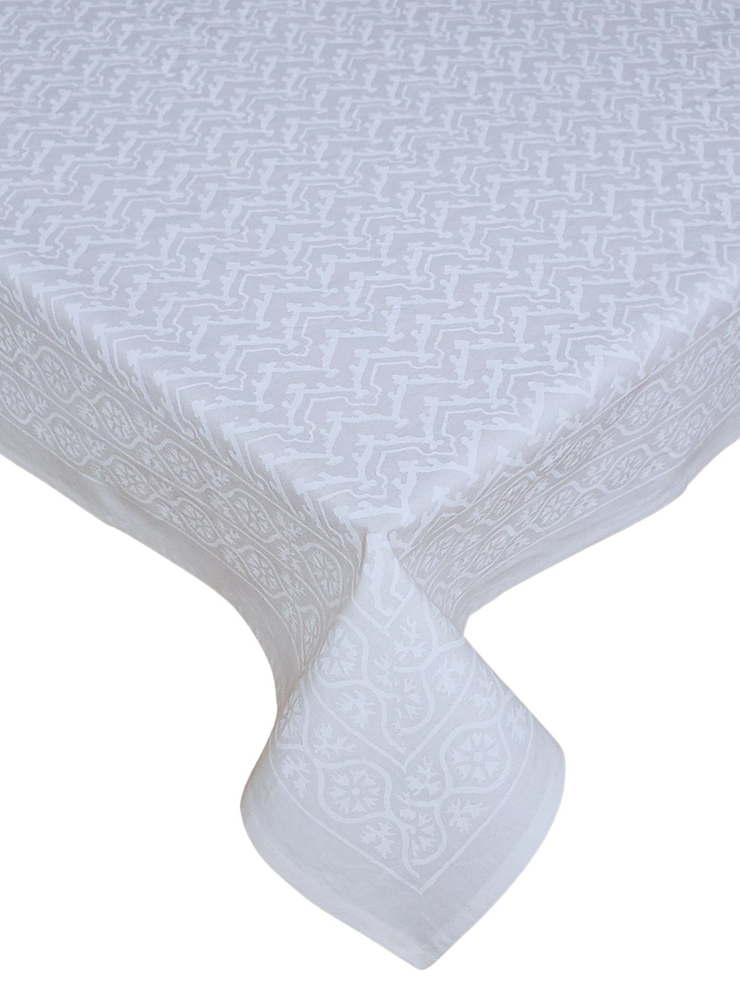 Mantel cuadrado 100% algodón estampado a mano. Blanco sobre blanco