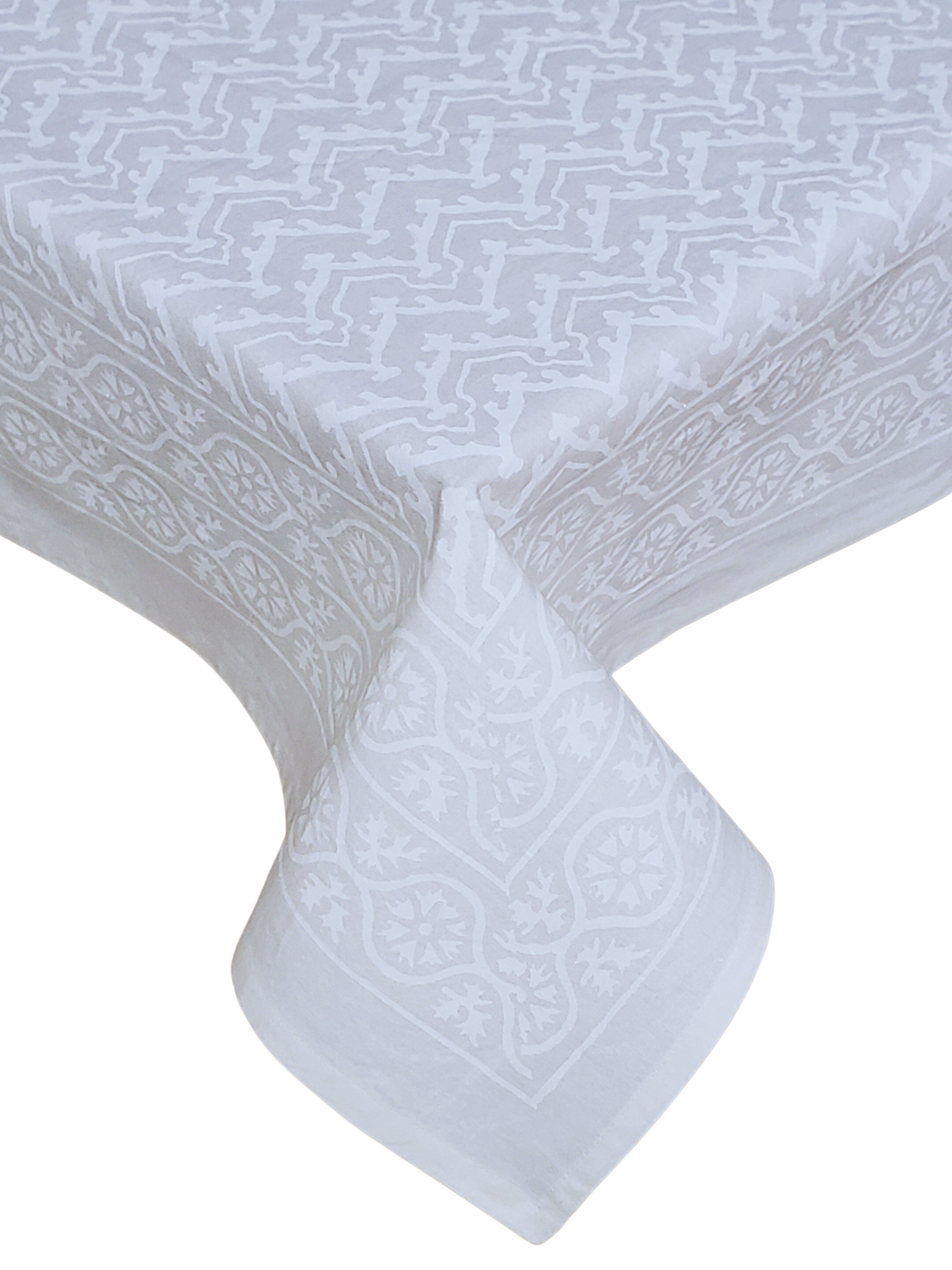 Mantel cuadrado 100% algodón estampado a mano. Blanco sobre blanco