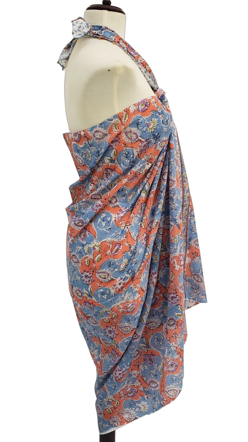 Pareo estampado a mano. Mamey y cielo
