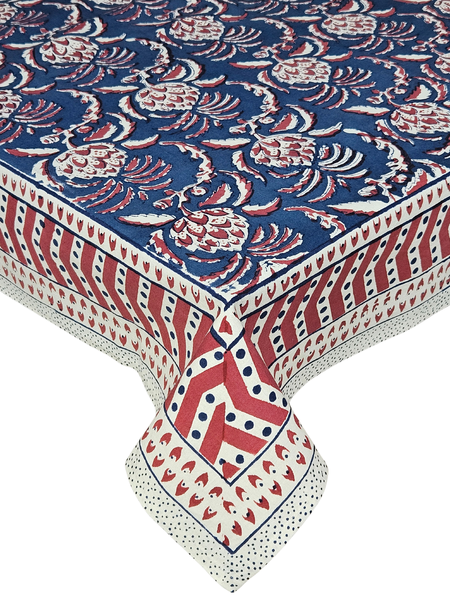 Mantel rectangular 100% algodón estampado a mano. Pine fondo azul