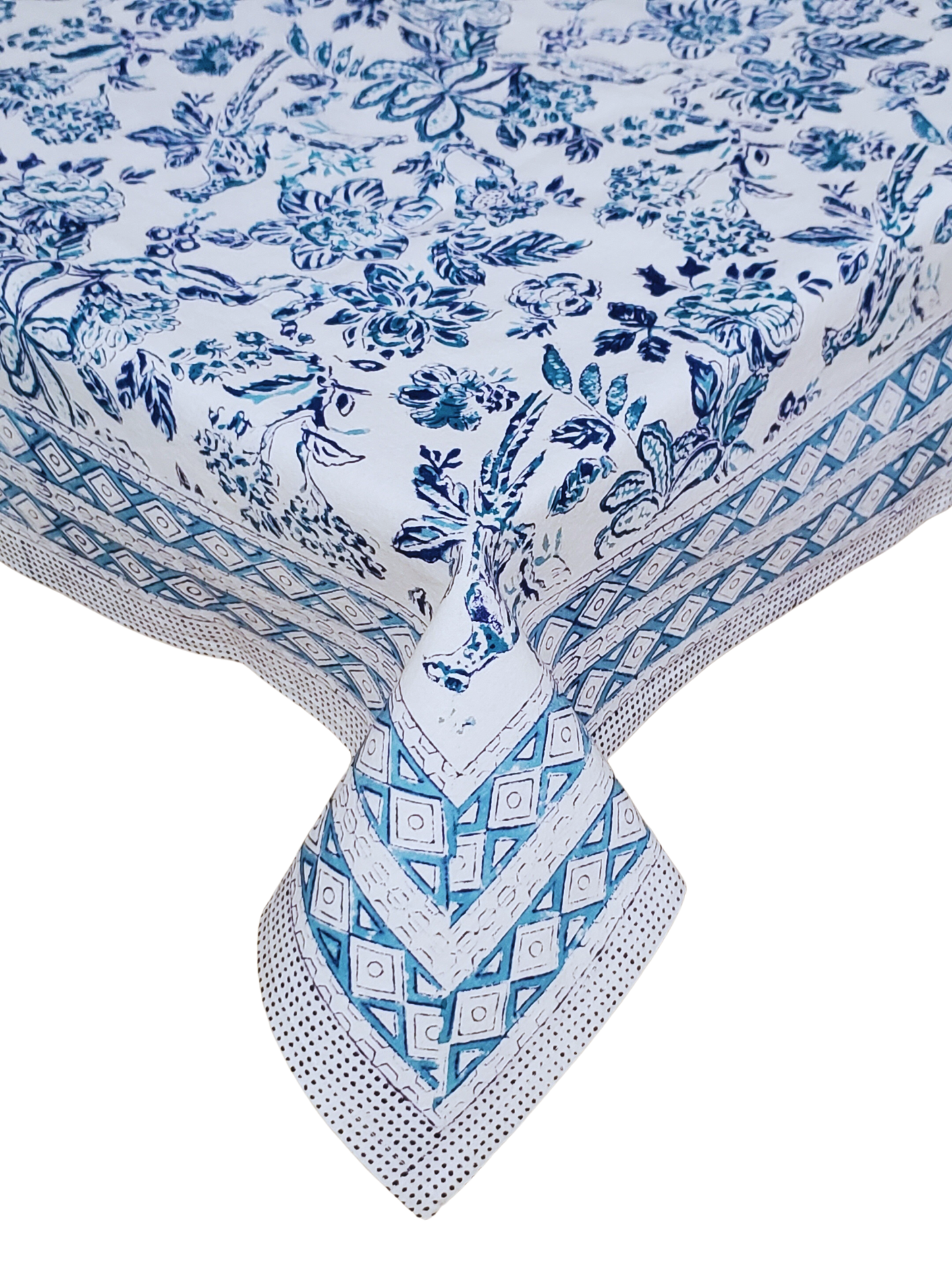 Mantel rectangular 100% algodón estampado a mano. Flores azules