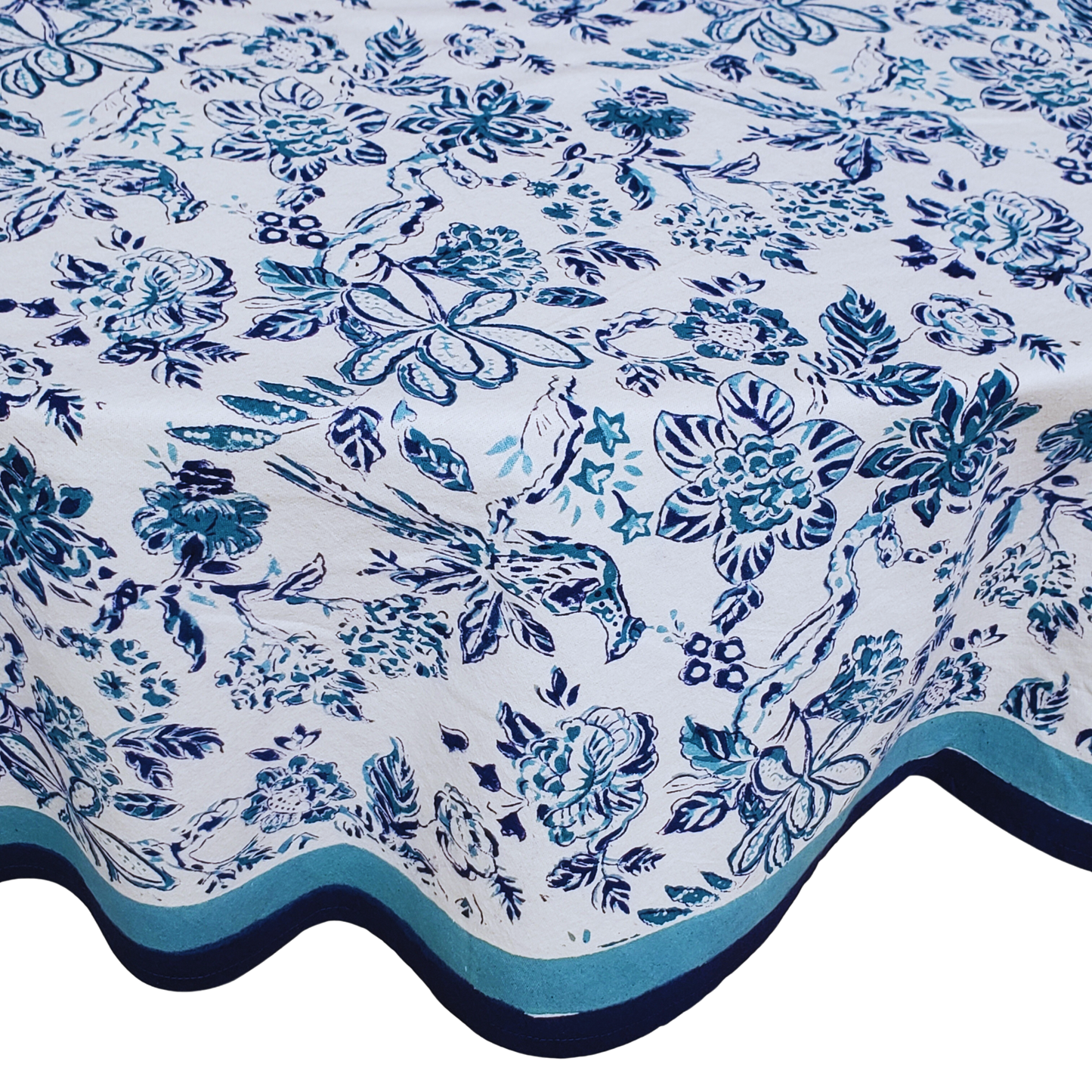 Mantel redondo 100% algodón estampado a mano. Flores azules