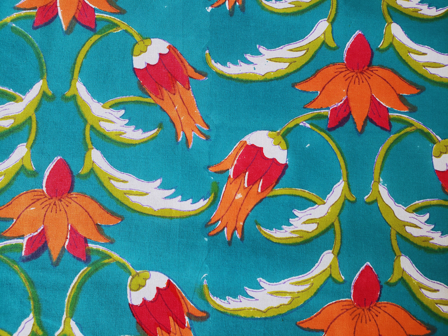 Mantel redondo 100% algodón estampado a mano. Protea en turquesa