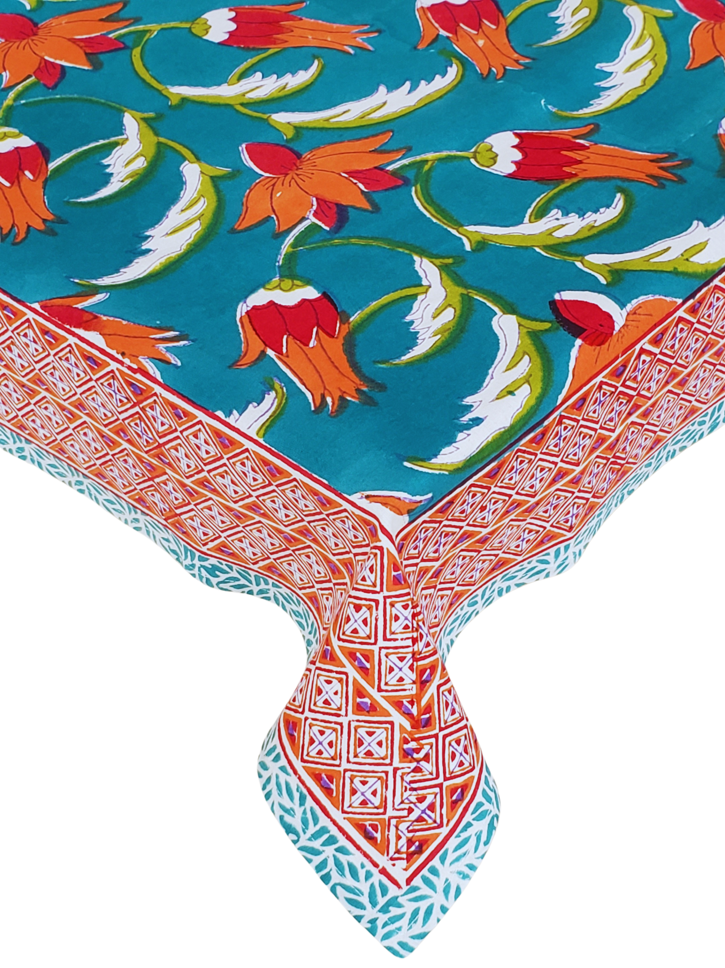 Mantel cuadrado 100% algodón estampado a mano. Protea en turquesa
