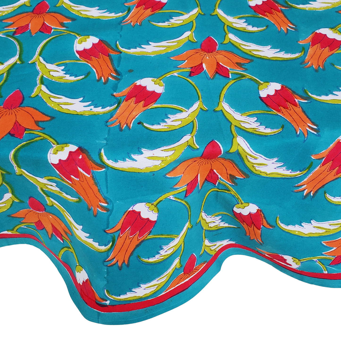 Mantel redondo 100% algodón estampado a mano. Protea en turquesa