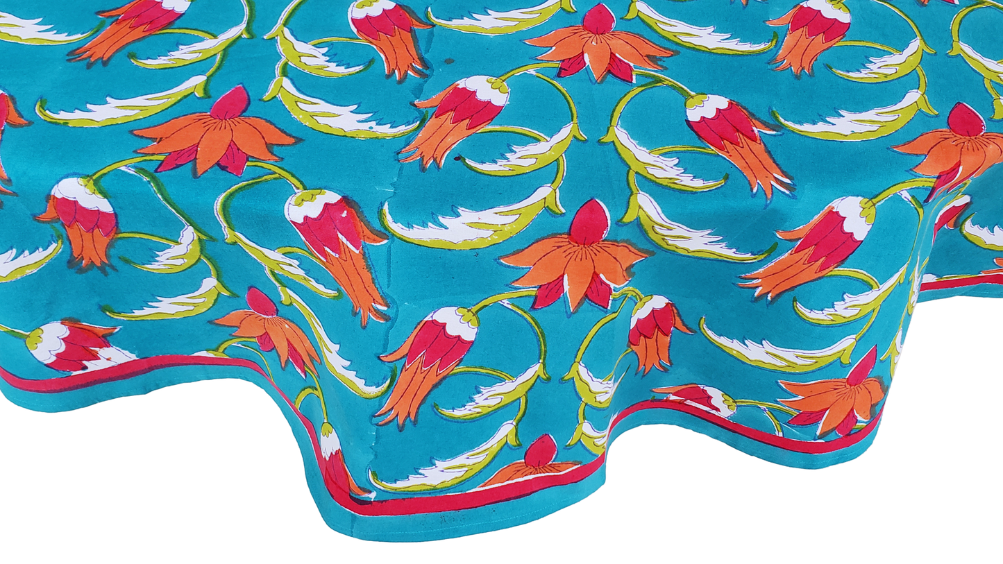Mantel redondo 100% algodón estampado a mano. Protea en turquesa
