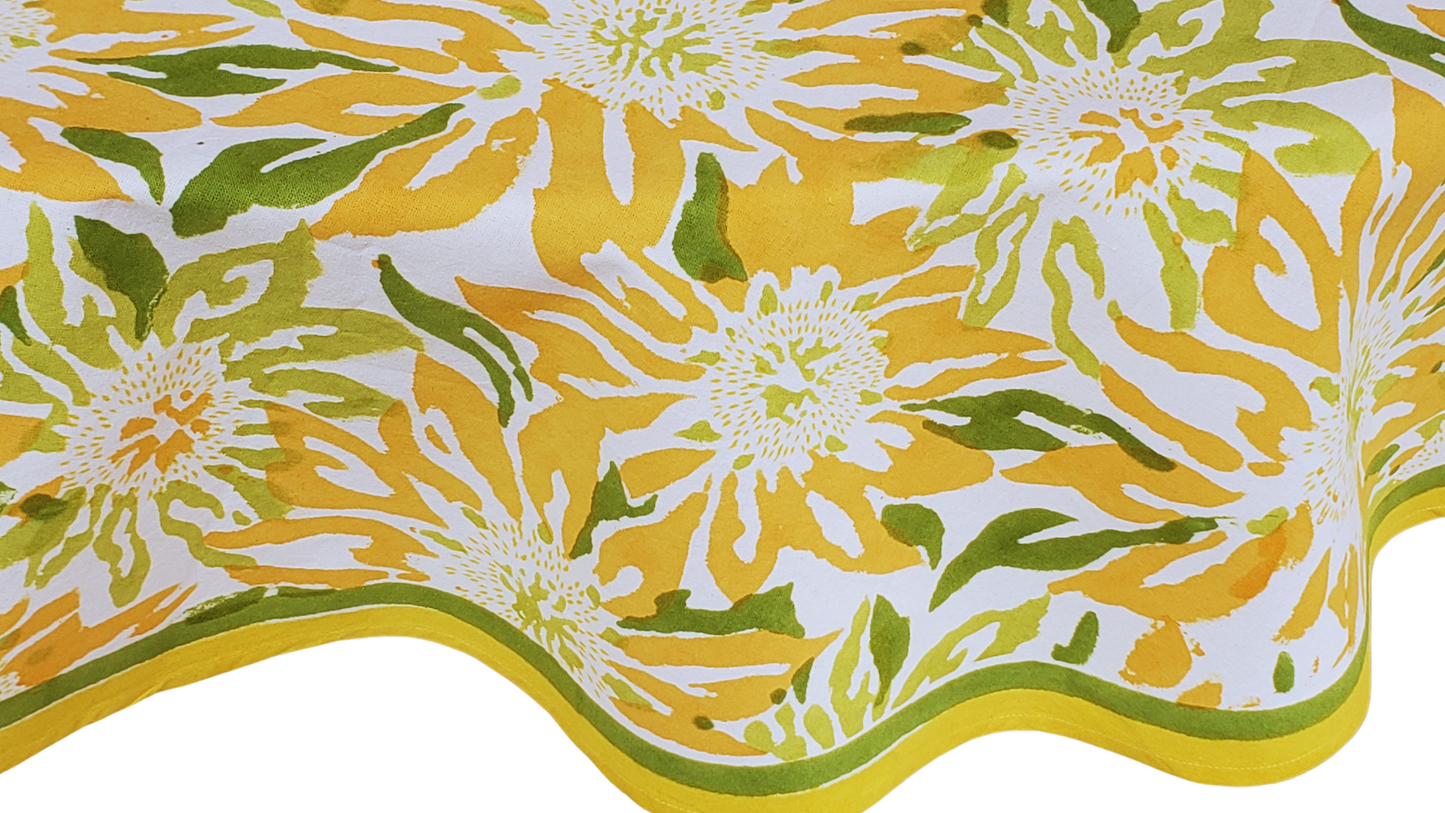 Mantel redondo 100% algodón estampado a mano. Girasoles