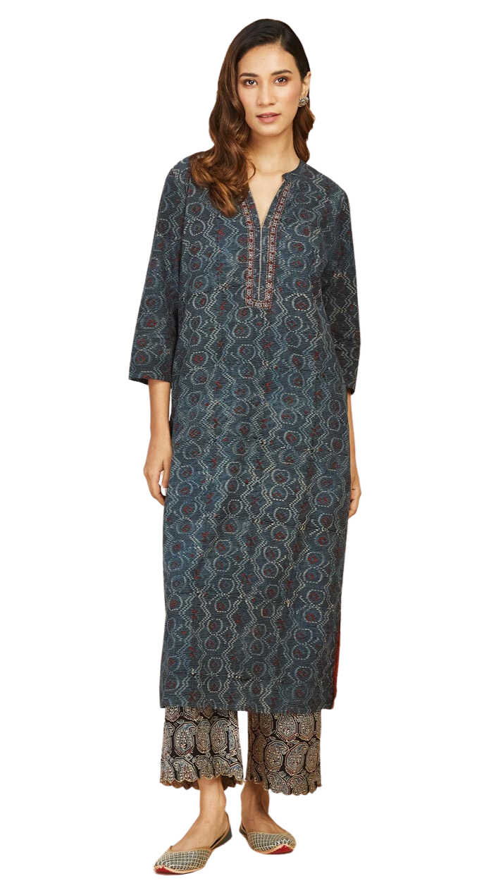 Kurta larga azul índigo natural. Dabu