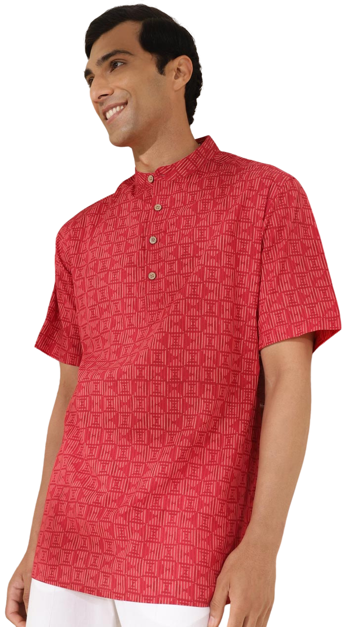 Kurta para hombre. Estampada roja. Manga corta