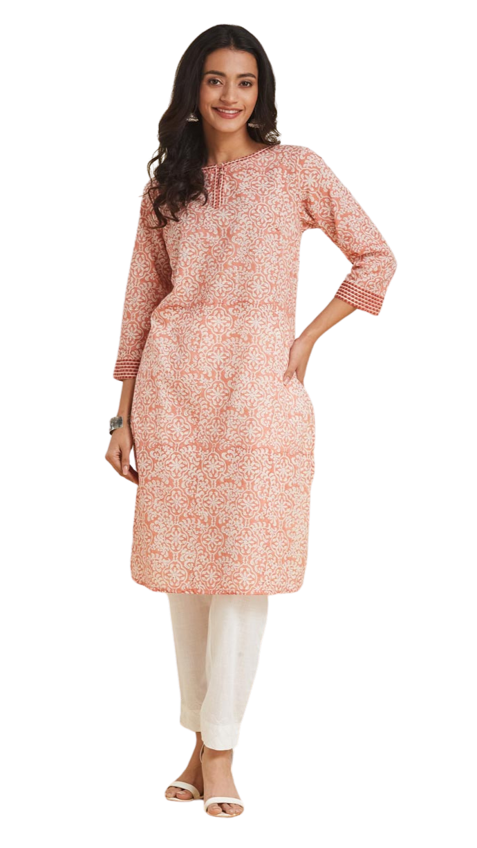 Kurta larga estampada. Durazno