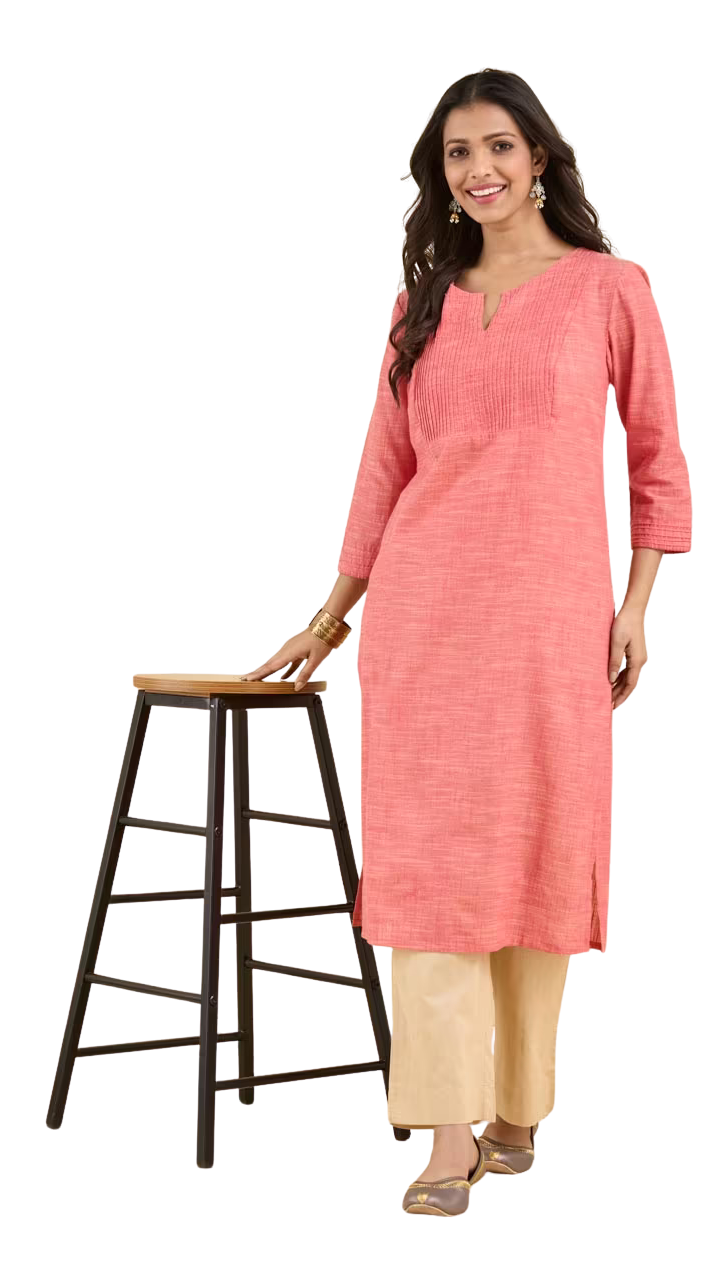 Kurta larga con pespunte. Coral claro