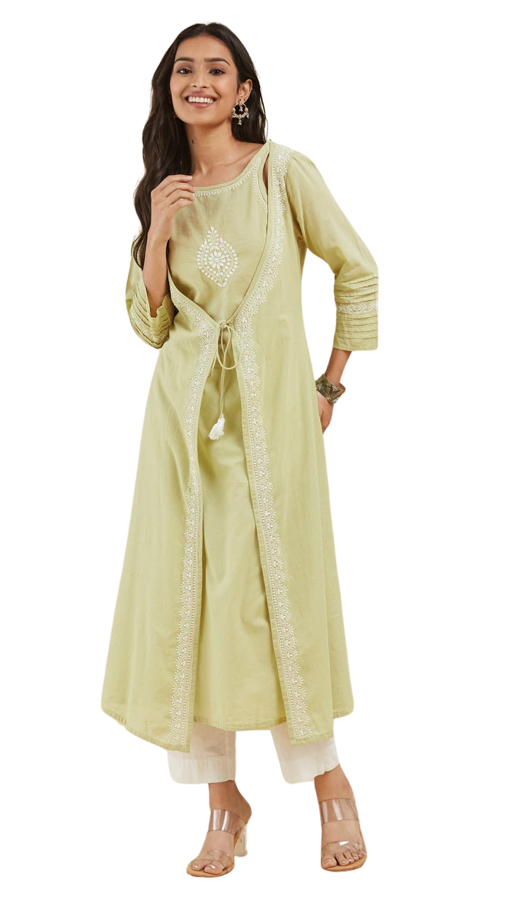 Kurta larga (set) con bordado chikankari. Verde. slim fit