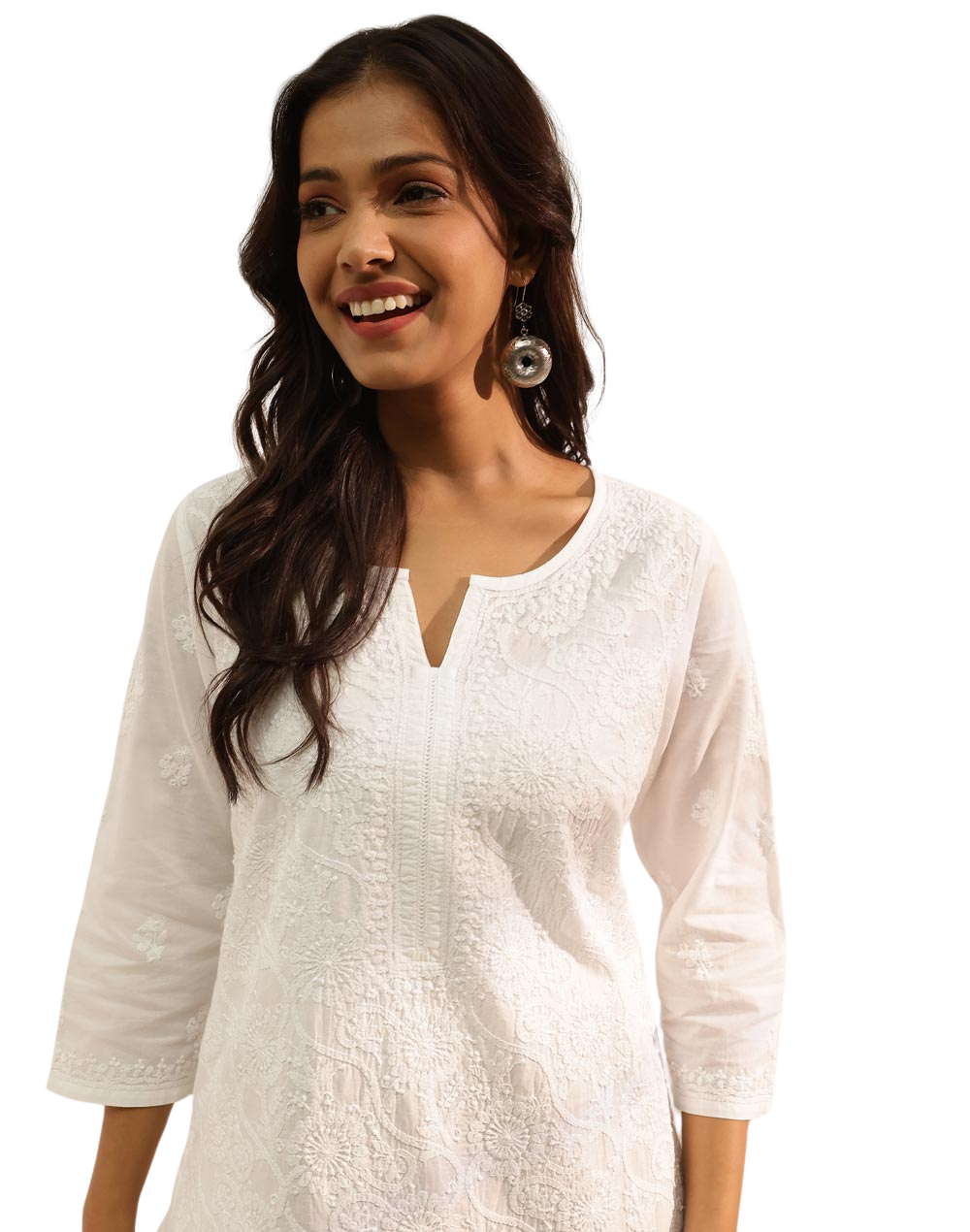 Kurta larga con bordado chikankari. Blanca