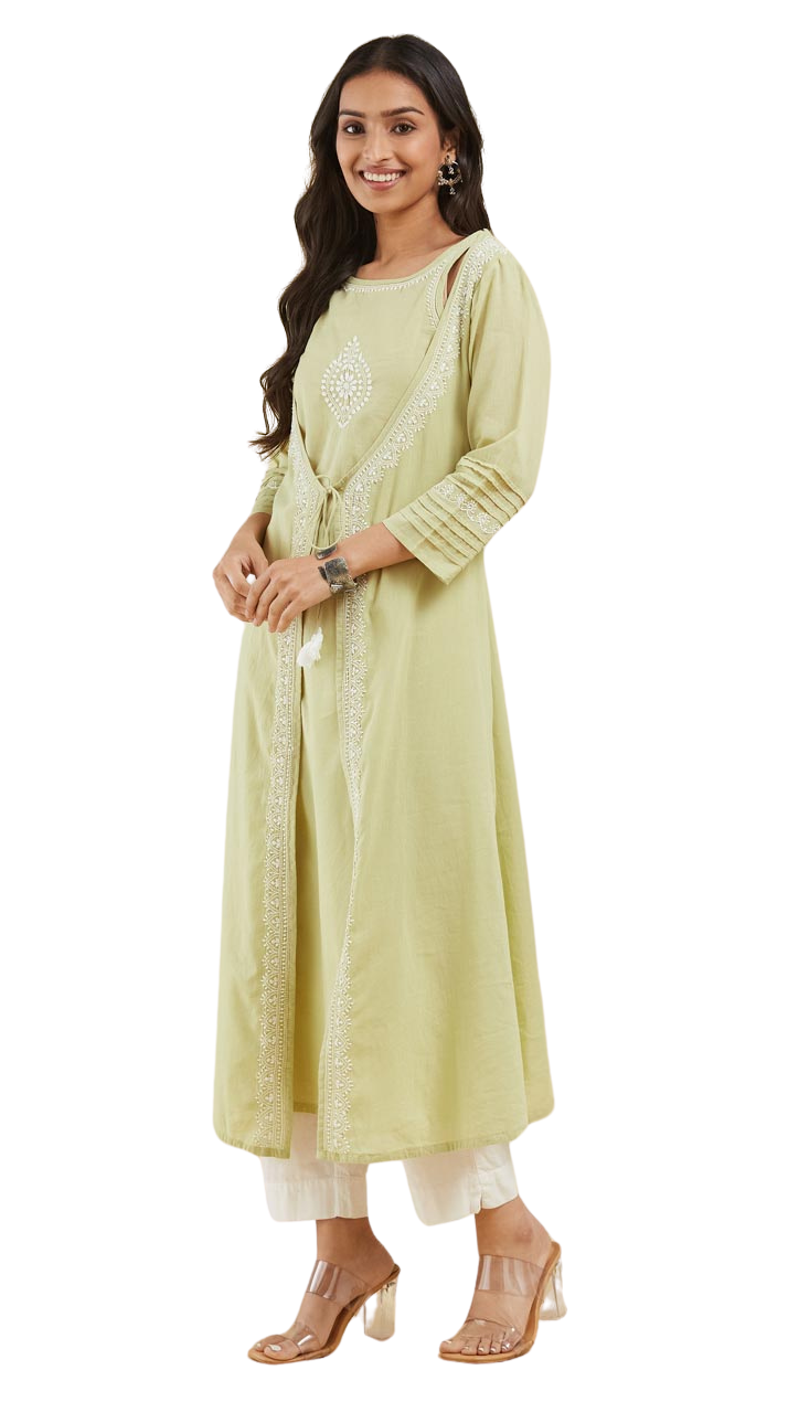 Kurta larga (set) con bordado chikankari. Verde. slim fit