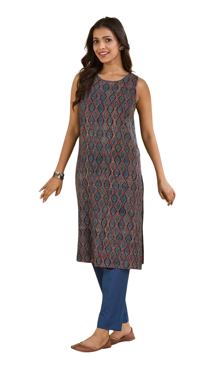 Kurta larga sin mangas Ajrakh. Índigo. Slim Fit PREVENTA