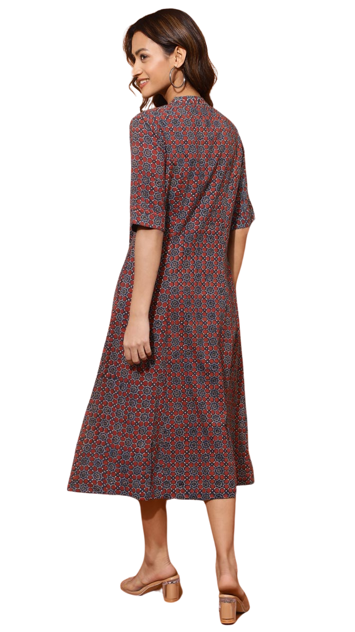 Vestido largo Ajrakh estampado a mano. Azul