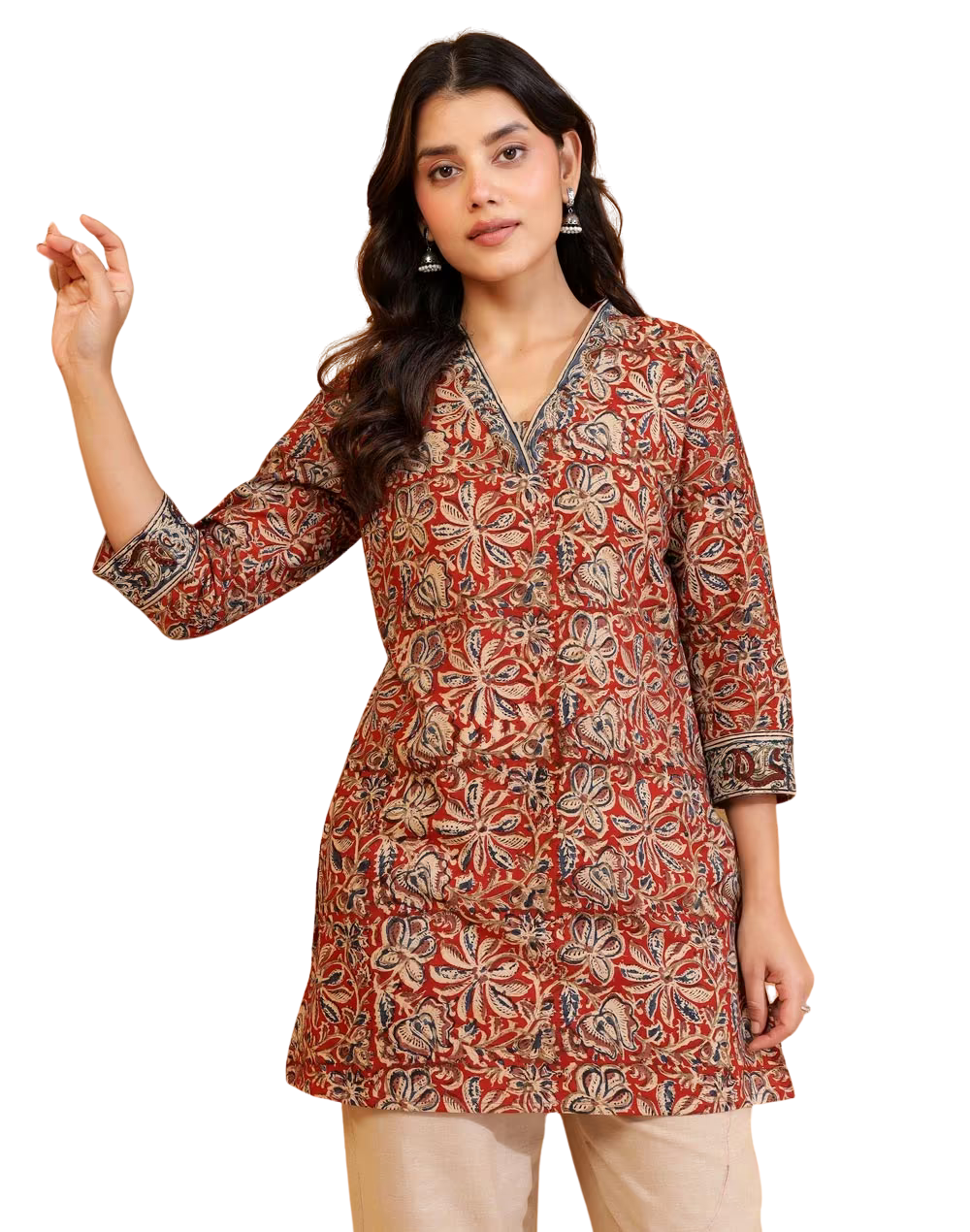 Kurta short kalamkari. Marrón. Slim Fit PREVENTA