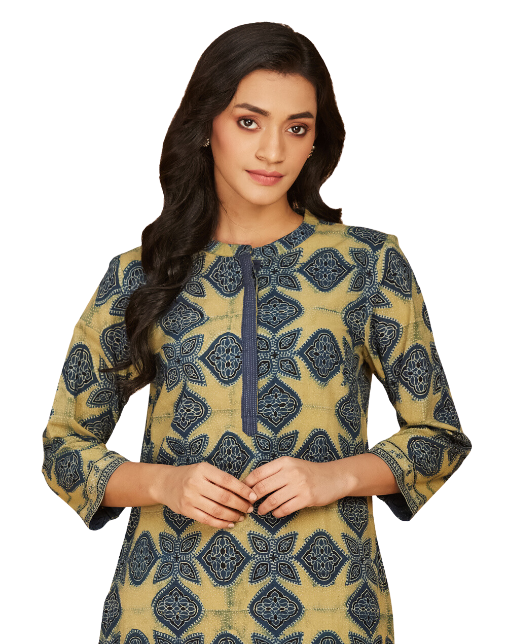 Kurta corta Ikat. Azul índigo y mostaza