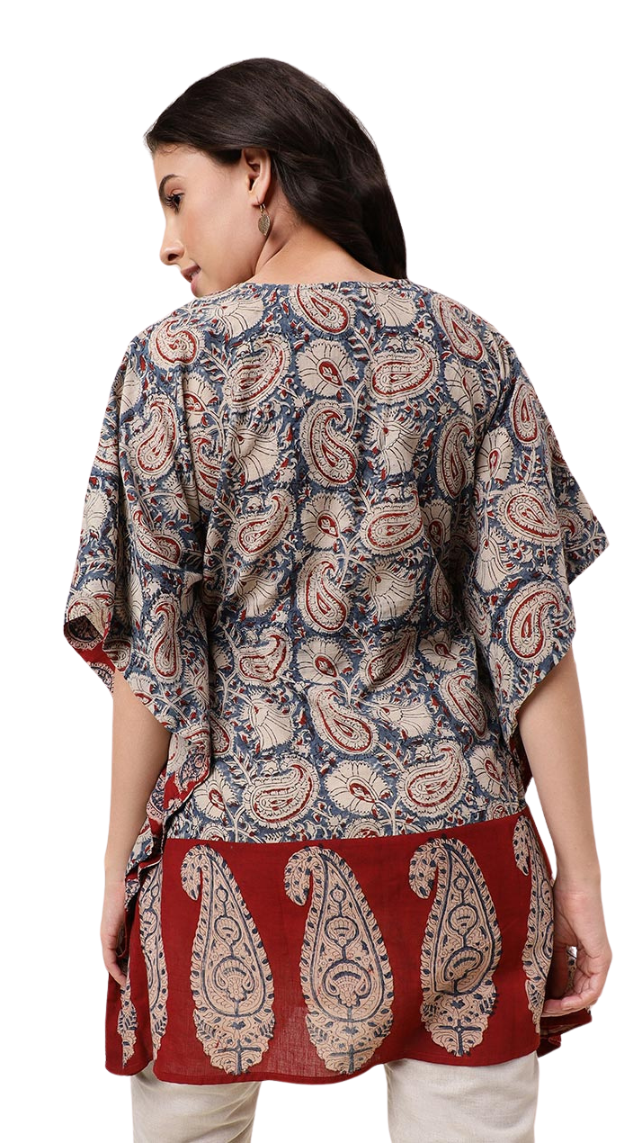 Kaftán corto kalamkari. Azul y rojo