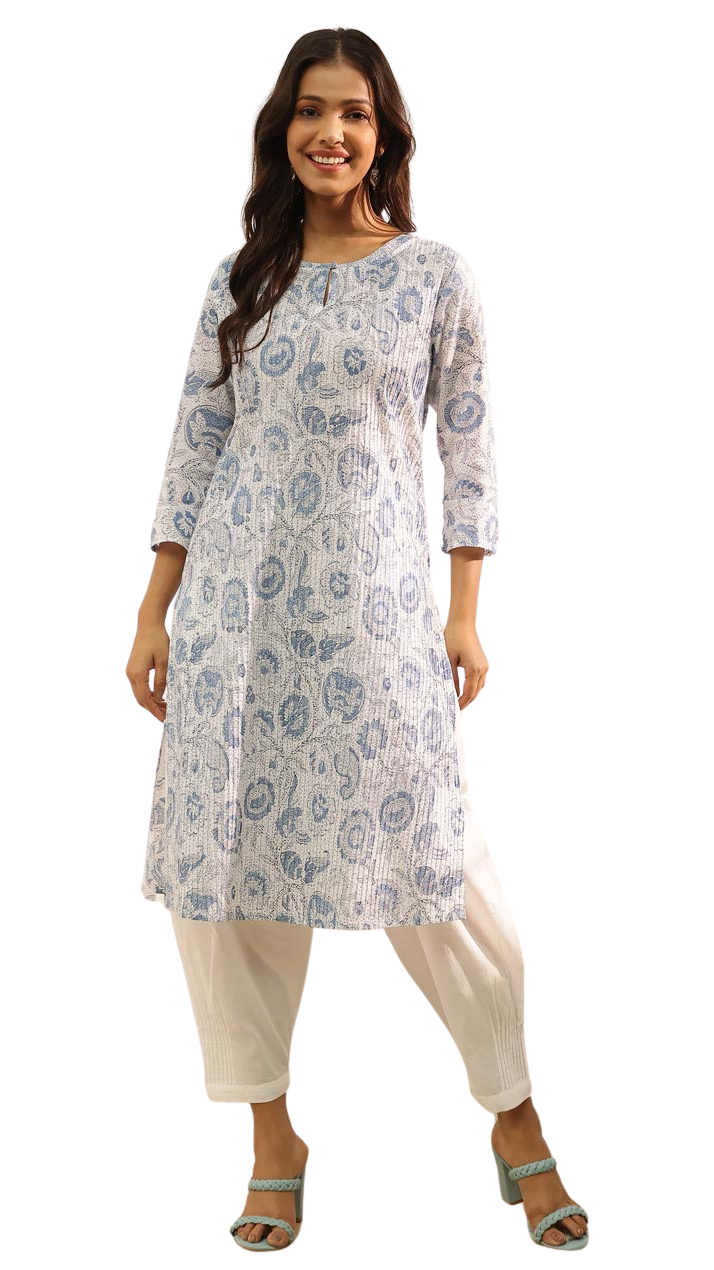 Kurta larga plisada y estampada. Azul fondo blanco. slim fit