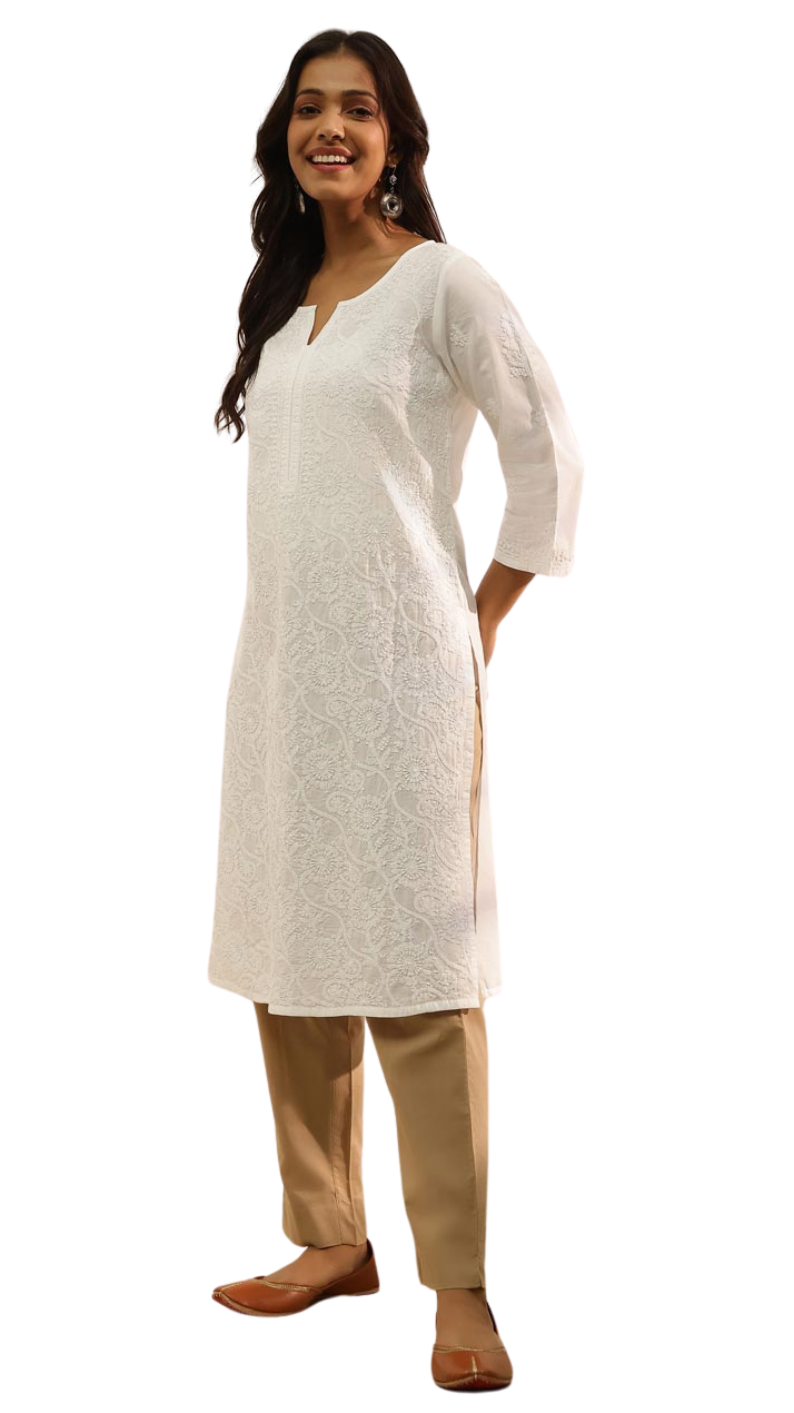 Kurta larga con bordado chikankari. Blanca
